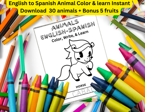 Animal English To Spanish Coloring Book Instant Download Perfect for Kids