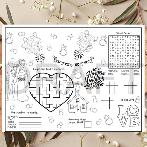 Wedding Coloring Page or reception  kids color Placement Printable Instant Download