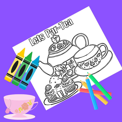 Tea Party Coloring Page , Lets Par-Tea Favor Printable Instant Download