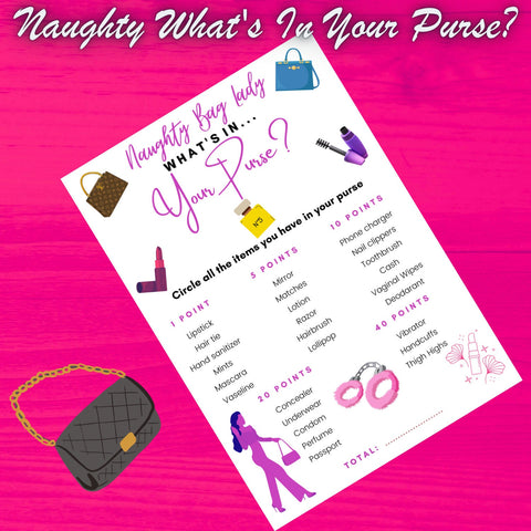 Girls Night, What's In Your Purse, Girls Night Game, Bachelorette Party, adult Game Instant Download Bridal Shower Pink Game