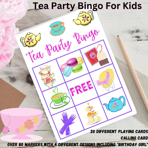 Tea Party Bingo Game For Kids, Tea Bingo Preschool Games, Tea Preschool Game, Printable Instant Download Game