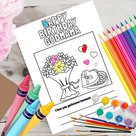 Happy Birthday Godmama Color Paint Fill In Page for Children Instant Download Card for Godmom godmother gift godmama gift Printable card