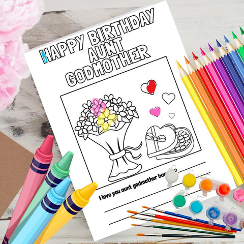 Happy Birthday Aunt Godmother, aunt godmother gift Color Paint and Fill Page Instant Download Card, Aunt Godmother gift, Instant Printable